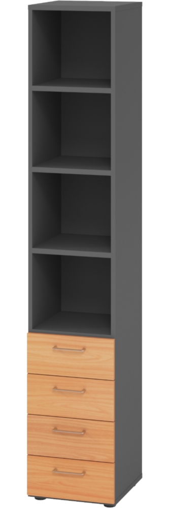 bümö smart Schubladenschrank, Büroschrank in Graphit/Buche mit 4 Schüben & 4 Regalfächern - Bürocontainer aus Holz, Container mit Metallgriffen & Soft-Stop Schubladen, 964S4-G-6-BS Bild 1
