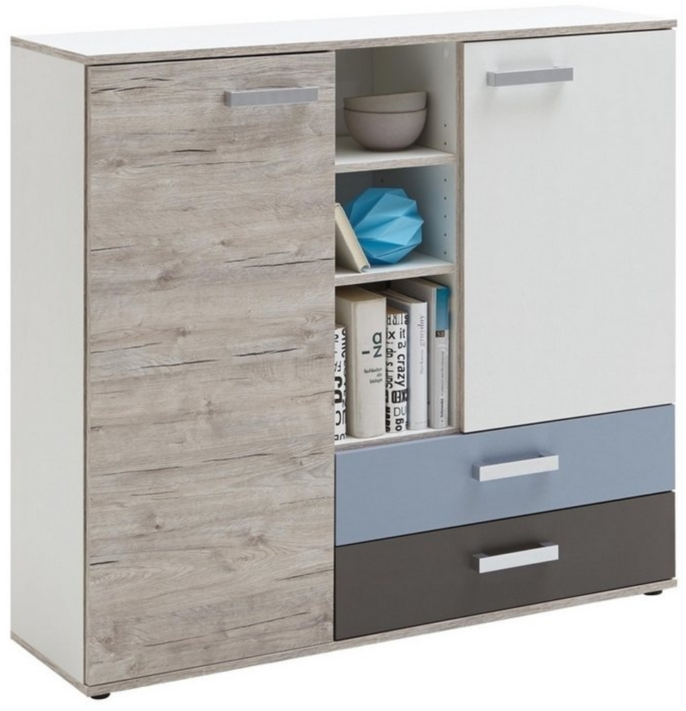 Kommode >NONA 4< in Sandeiche Dekor-weiß-Lava-Denim - 116,9x105x33cm (BxHxT) Bild 1