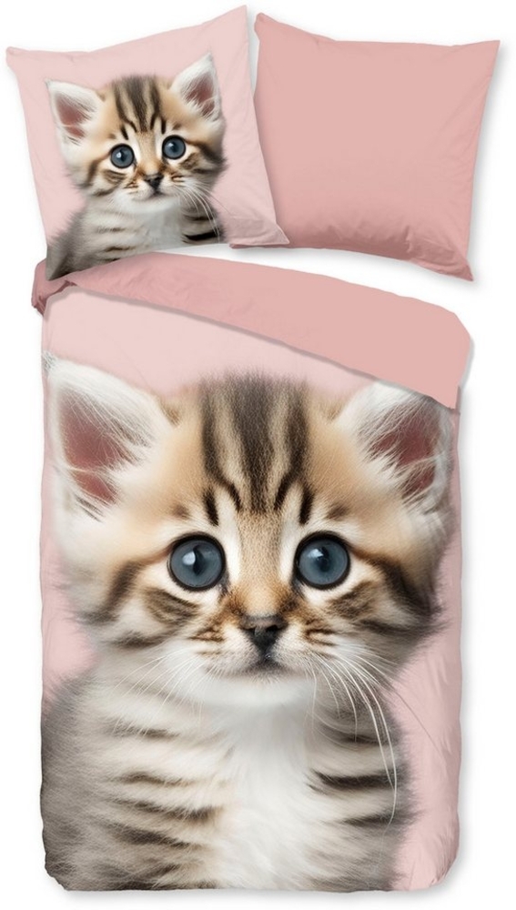 good morning Kinderbettwäsche Meow, Biber, Flanell, 2 teilig, Flanell, Biber, 135x200, Warm, Wendeoptik, Kind, Mädchen, Katze, Rosa Bild 1