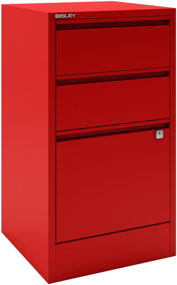 Bisley Home Filer Beistellschrank mit Schloss aus Stahlblech, 2 Universal-Schubladen + 1 Hängeregistratur-Schublade einbahnig abschließbar - für Hängemappen & Büromaterial - Farbe: kardinalrot, HF3-670 Bild 1