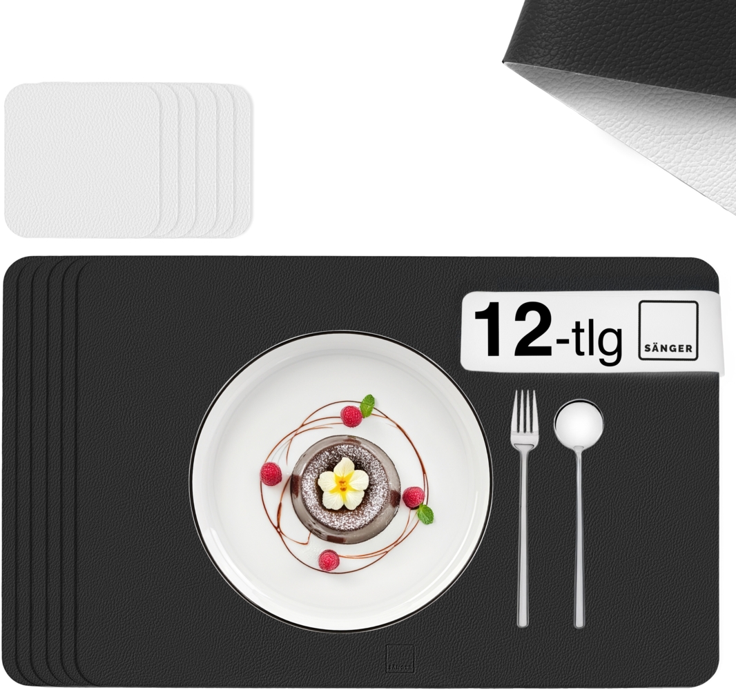 SÄNGER rechteckige Tischsets & Untersetzer aus Kunstleder 12 teilig für 6 Personen, Schwarz + Creme Bild 1