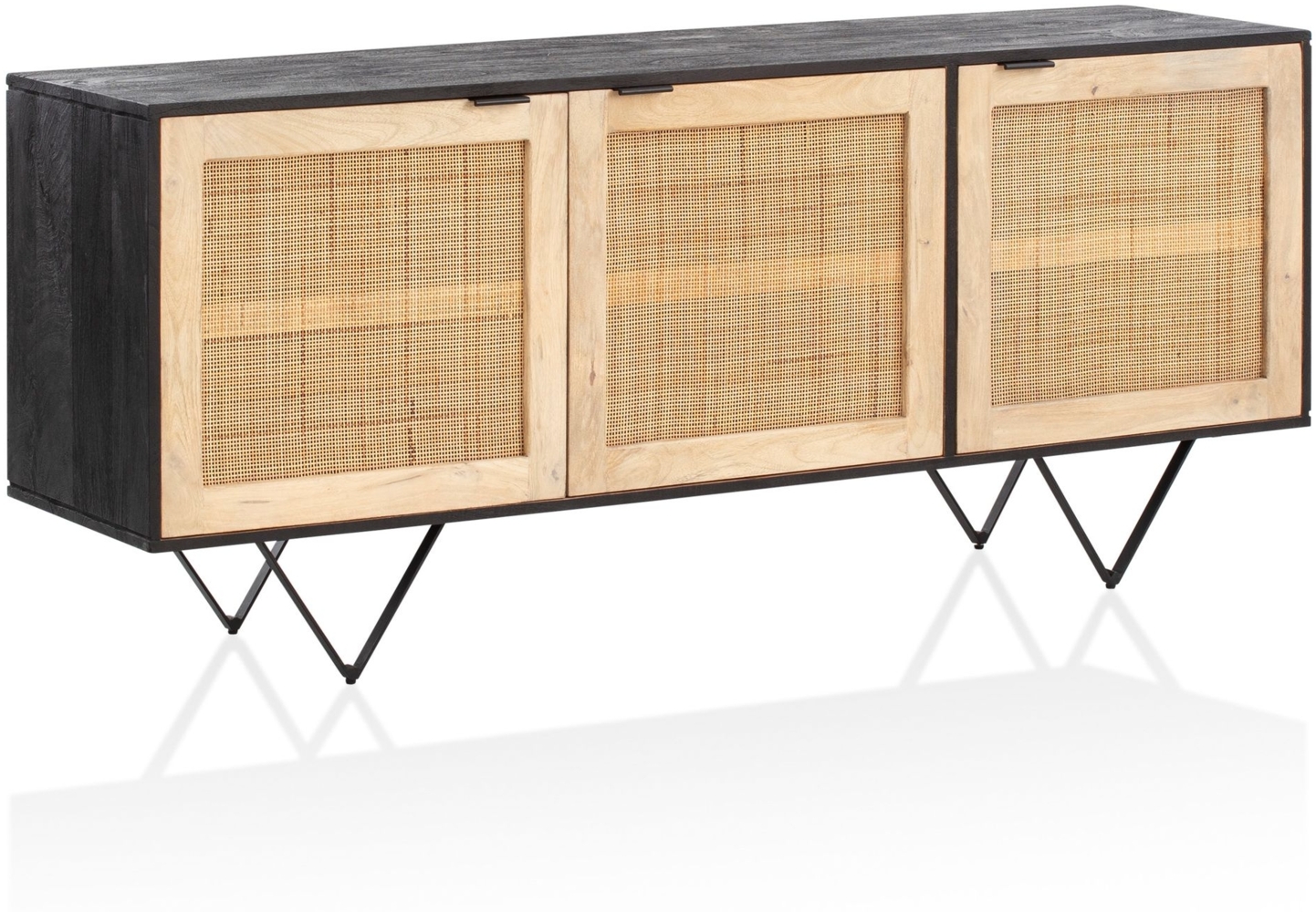 Sideboard 175 x 75 x 45 cm Mango Massivholz / Rattan Kommode mit 3 Türen, Hoher Kommodenschrank Schwarz / Braun, Standschrank Wohnzimmer, Anrichte Rohrgeflecht Bild 1