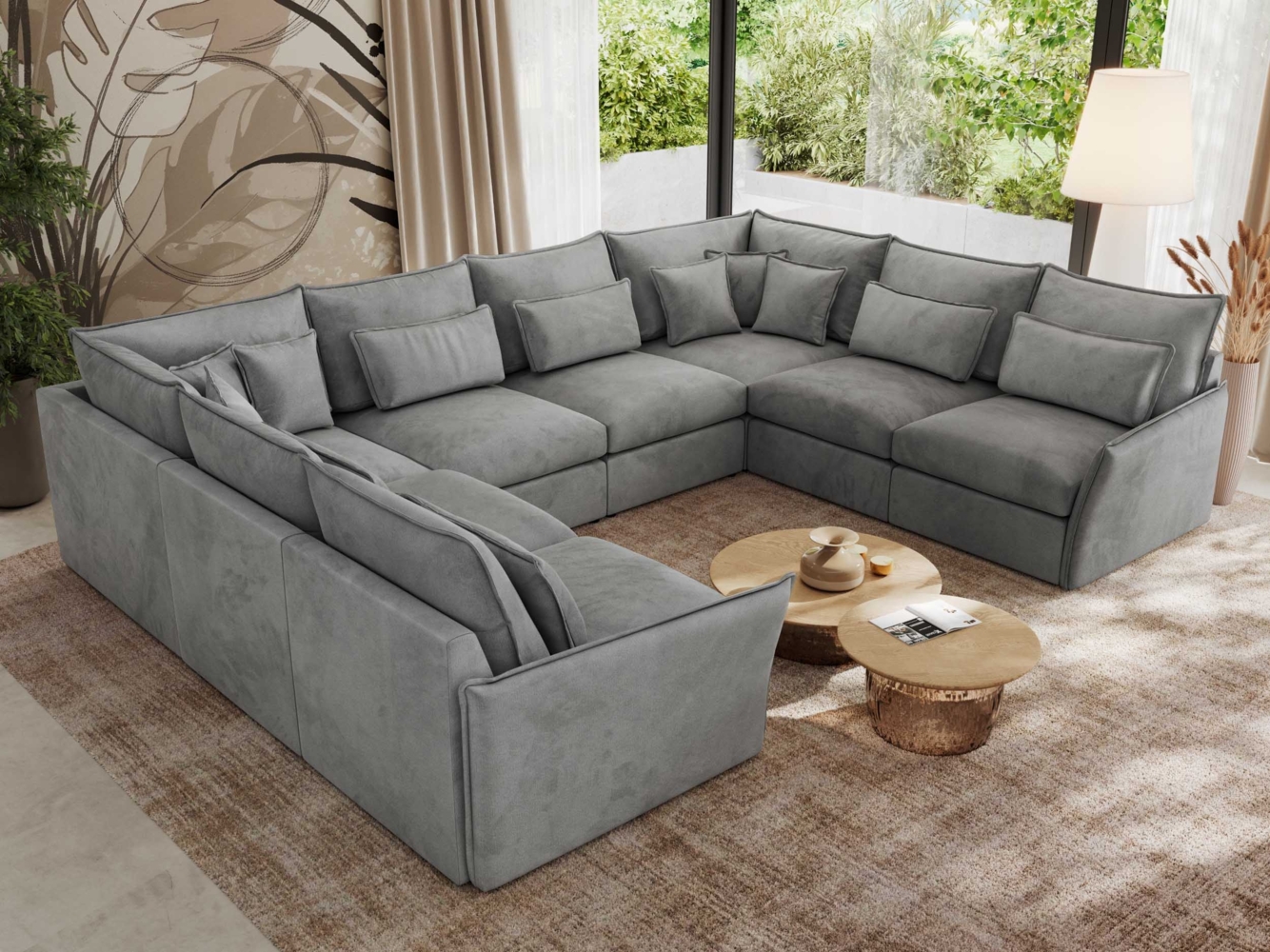 Modulares U-förmiges Wohnzimmer-Ecksofa, XXL Ecksofa mit Armlehnen, Wohnlandschaft, Universal-Ecksofa mit lockeren Kissen - VERSO U 8M - Hellgrau Velours Bild 1