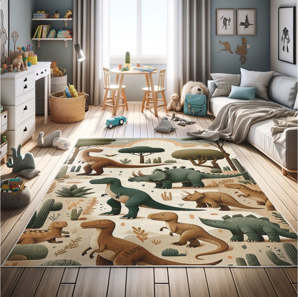 Abakuhaus Teppich Dekorativer Teppich für Wohnzimmer und Schlafzimmer, rechteckig, Dinosaurier Jurassic Szenario Cartoon Bild 1