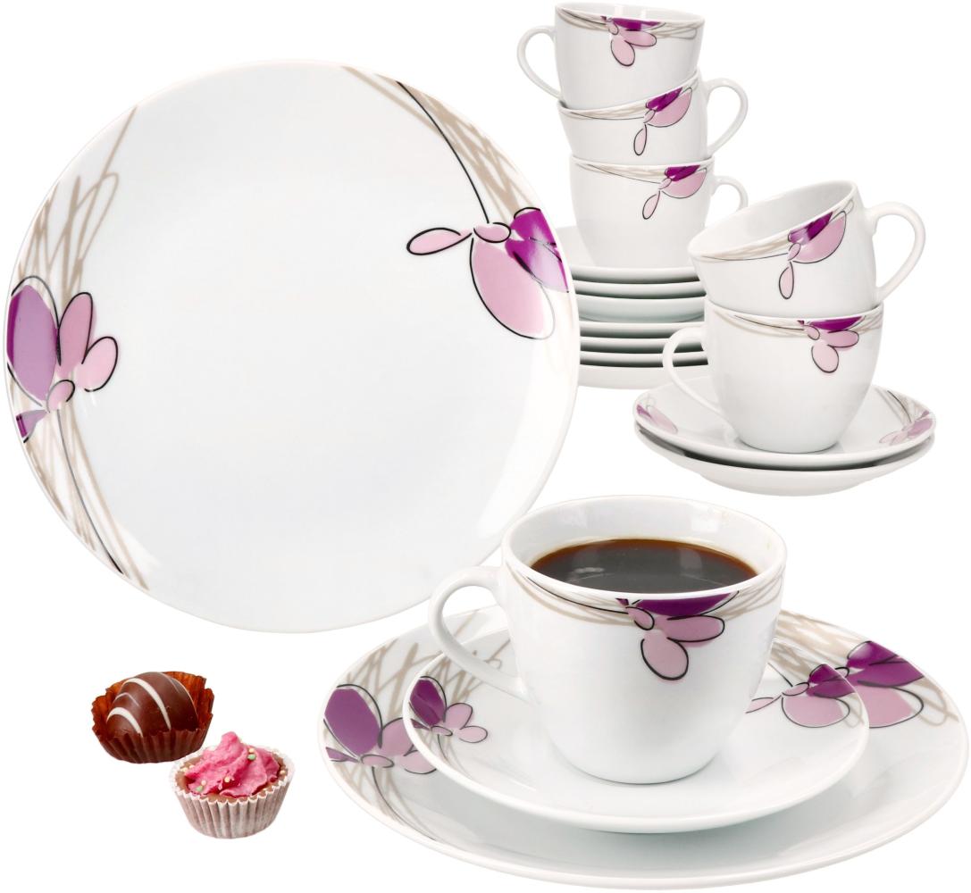 18tlg Kaffeeservice Viola Porzellan 6 Personen Tassen Untertassen Teller Blumen Bild 1