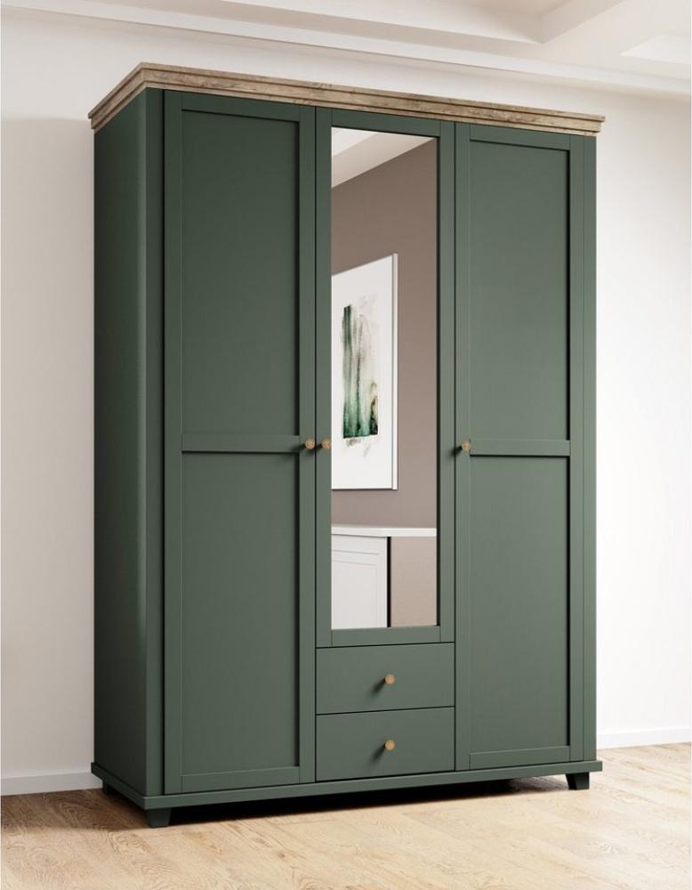 Kleiderschrank mit Spiegel Landhausstil EPSOM-83 in grün mit Lefkas Eiche Nb. 3 türig, B/H/T: ca. 154/216/62 cm Bild 1