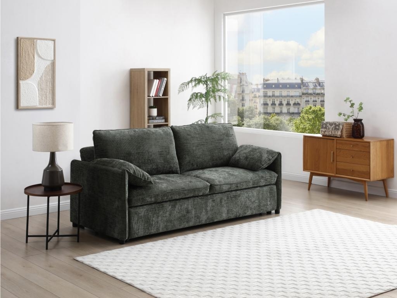 Vente-unique - Sofa 3-Sitzer mit Schlaffunktion - Strukturstoff - Grün - ALPARETO Bild 1