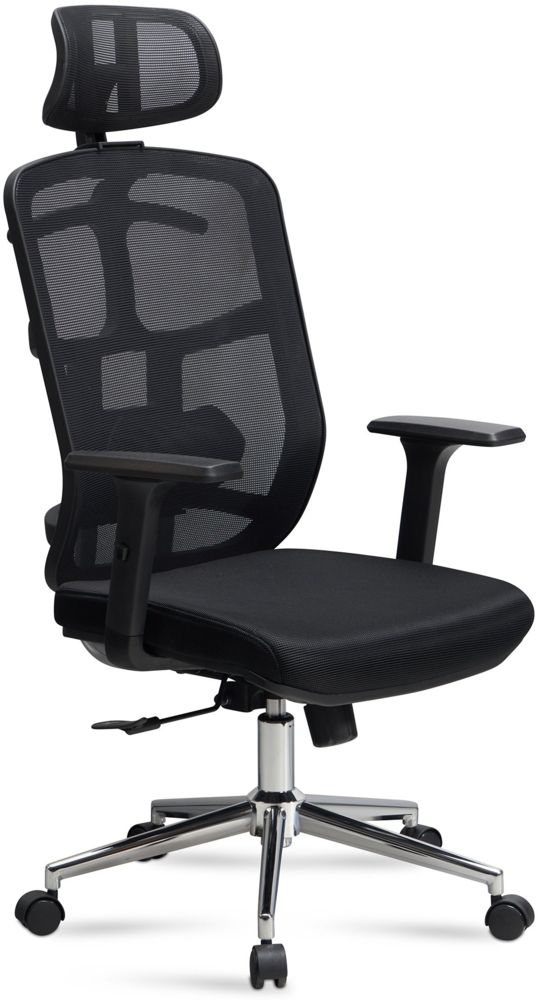 Bürostuhl Ergonomisch | Chefsessel mit Mesh-Bezug und Synchronmechanik | Drehstuhl mit 3D-Armlehnen und Kopfstütze | Home-Office & Büro Design | Schwarz-Silber, 120-130 cm | Altai von Kadima Design Bild 1