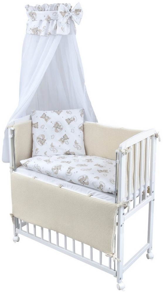 Baby-Delux Beistellbett Babybett Waffelpique Bärchen Beige, Stillbett 90x40 weiß höhenverstellbar, Matratze inkl. komplett Set Bild 1