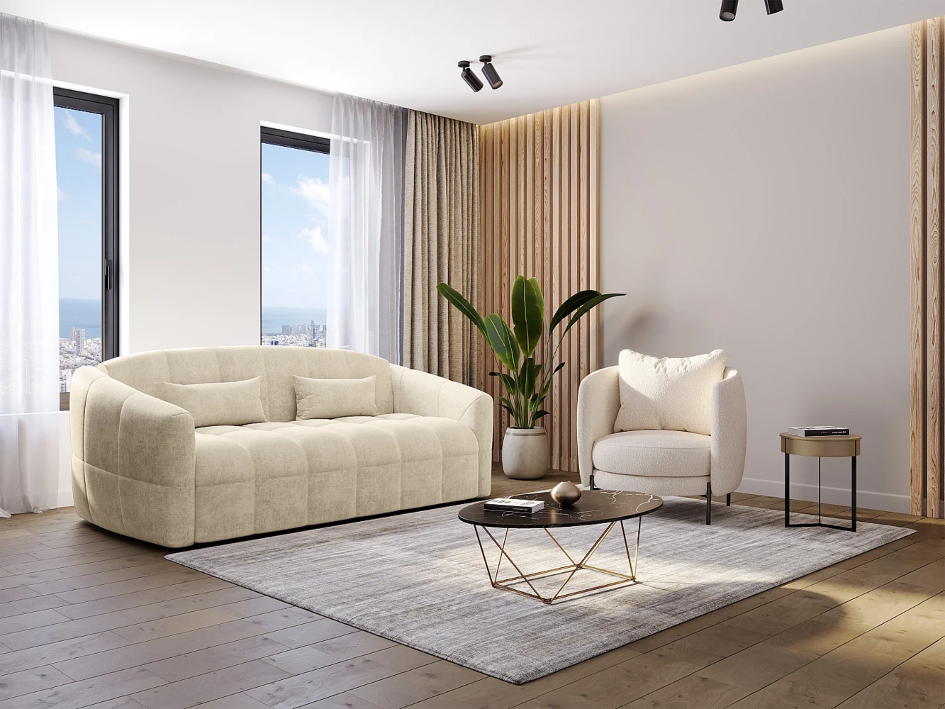 Vente-unique - Sofa 3-Sitzer mit Schlaffunktion - Samt - Beige - Liegefläche 140 cm + Matratze 13 cm mit Memory-Schaum - RETUNA Bild 1