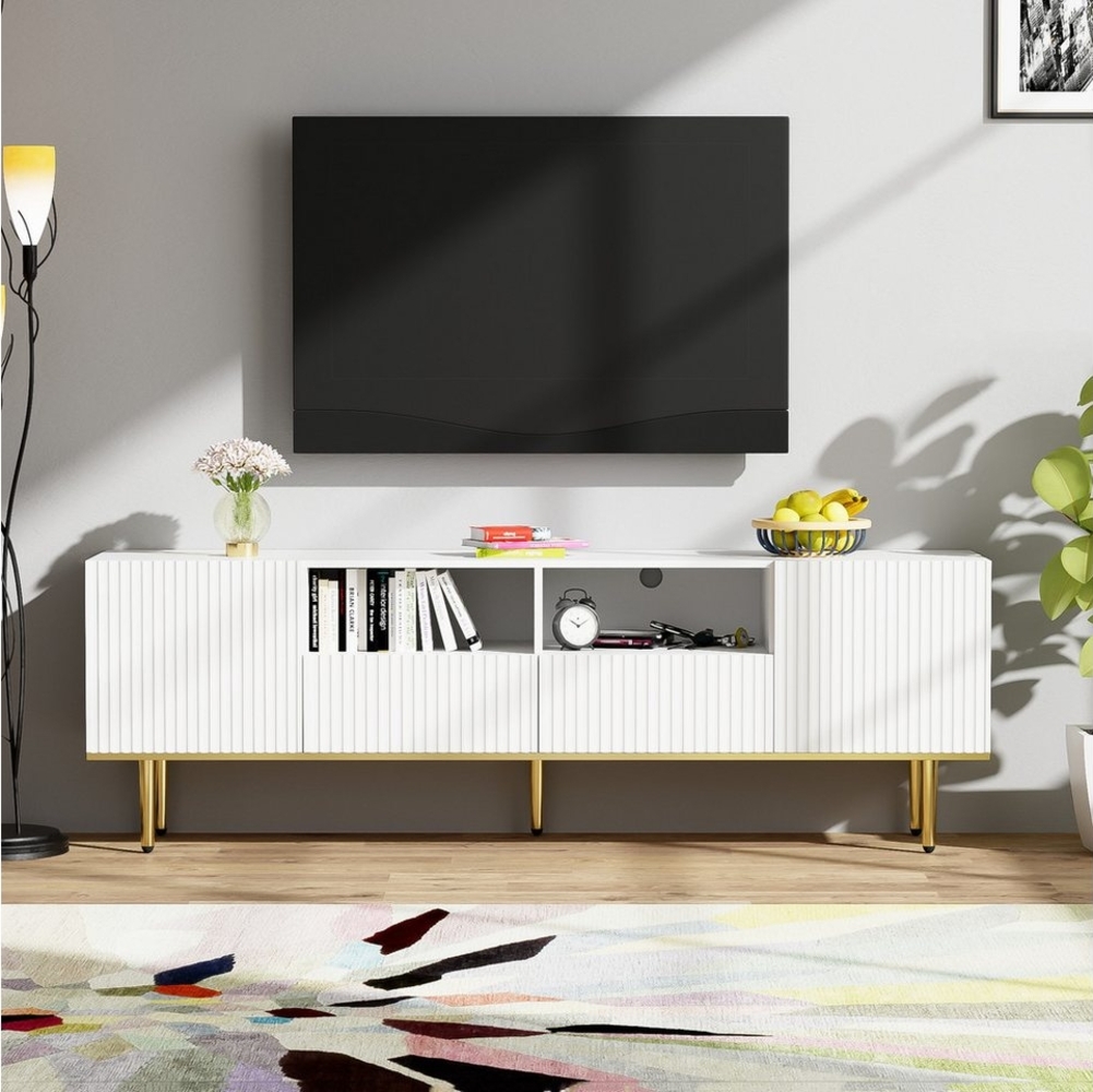 Merax Lowboard mit goldenen Metallfüße und Kabeldurchführung, TV-Schrank Scandi,TV-Board,Fernsehtisch,B:165cm Bild 1