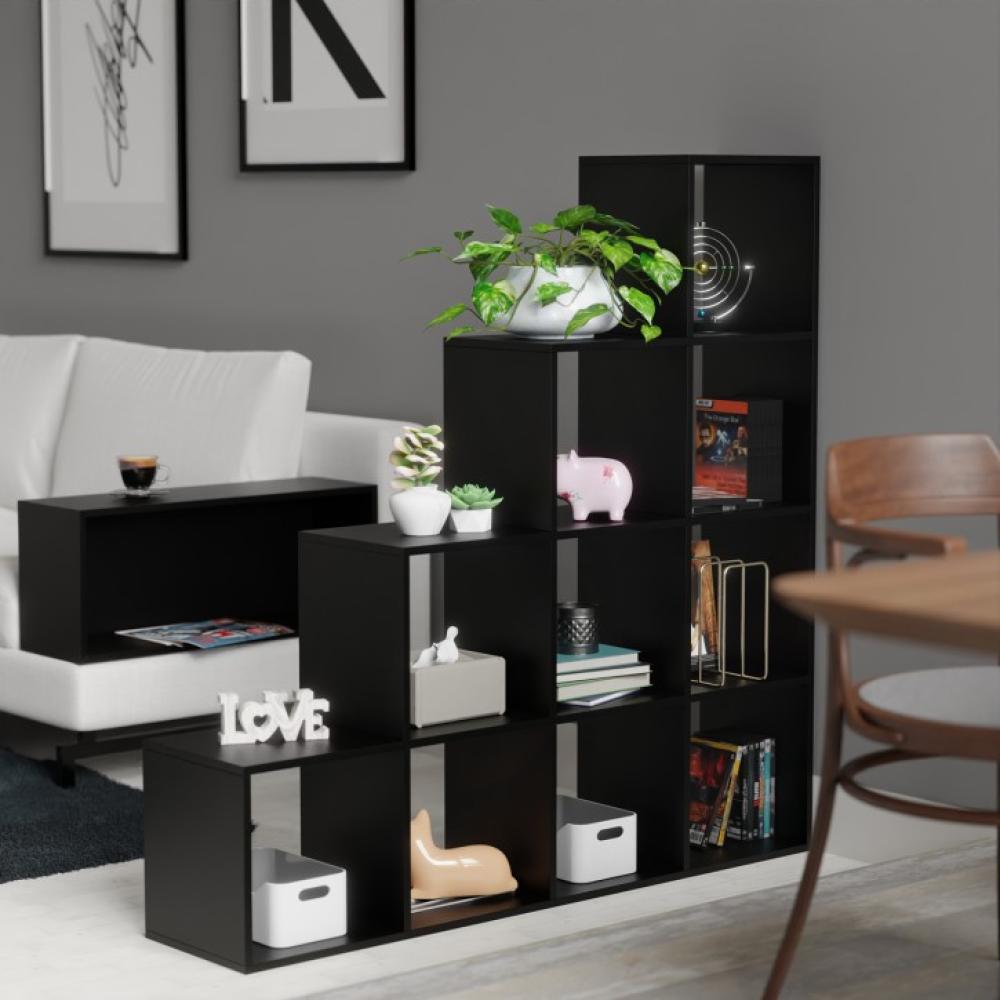 MIADOMODO® Treppenregal - Schwarz, 10 Fächer, 129,5x29x129,5 cm, für Wohnzimmer, Stabil, Offen, Freistehend, Indoor, aus MDF-Platte - Stufenregal, Raumteiler Regal, Bücherregal, Standregal Bild 1