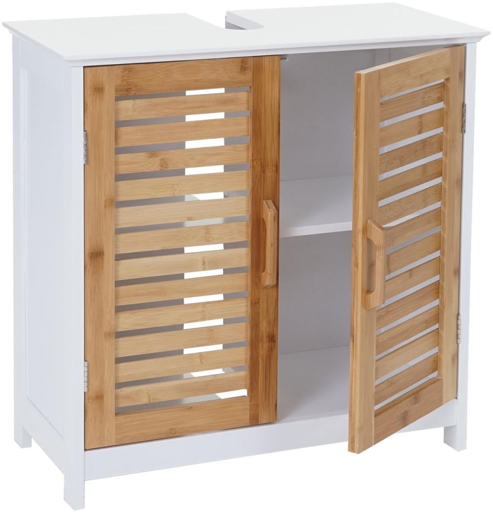 Waschbeckenunterschrank HWC-B41, Badezimmer Unterschrank Badschrank mit Staufach, Bambus MDF 60x60x30cm MVG ~ weiß-braun Bild 1