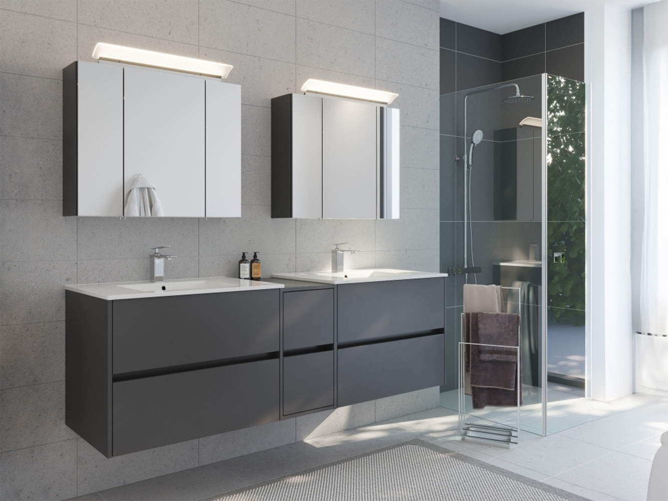 Badmöbelset Taifun 190cm 3tlg mit 2x Spiegelschrank grafit : Grafit Bild 1