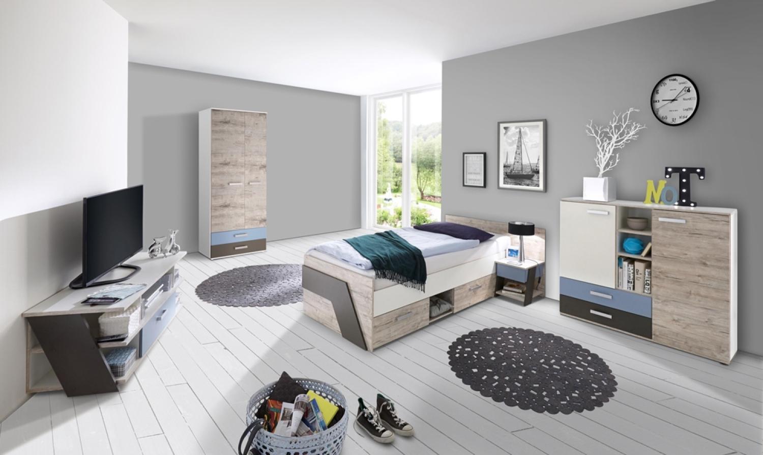 Jugendzimmer Set mit Bett 90x200 cm mit Kleiderschrank LEEDS-10 in Sandeiche Nachbildung mit weiß, Lava und Denim Blau Bild 1