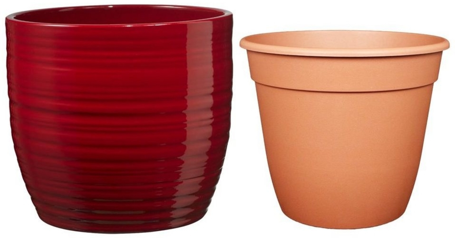Heimwerkercenter Übertopf Set - Keramikübertopf Bergamo ø13 cm, bordeaux + Pflanztopf ø12 Bild 1