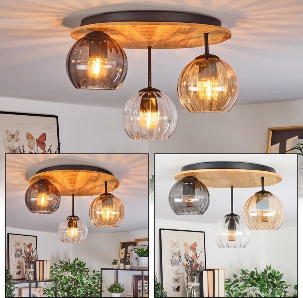 hofstein Deckenleuchte Deckenlampe in Schwarz/Natur/Klar/Bernstein/Rauch, Deckenleuchte aus Metall/Holz/Riffelglas, Vintage-Design, 3 x E27 Bild 1