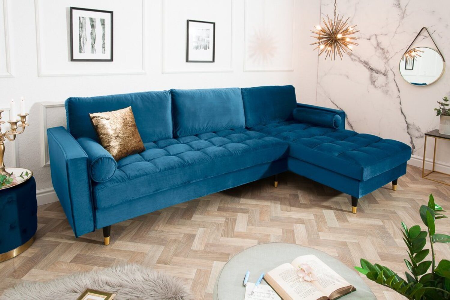 riess-ambiente Ecksofa COZY VELVET 260cm blau petrol / schwarz gold, Einzelartikel 1 Teile, Wohnzimmer · Samt · L-Form · Federkern · Couch inkl. Kissen · Barock Bild 1