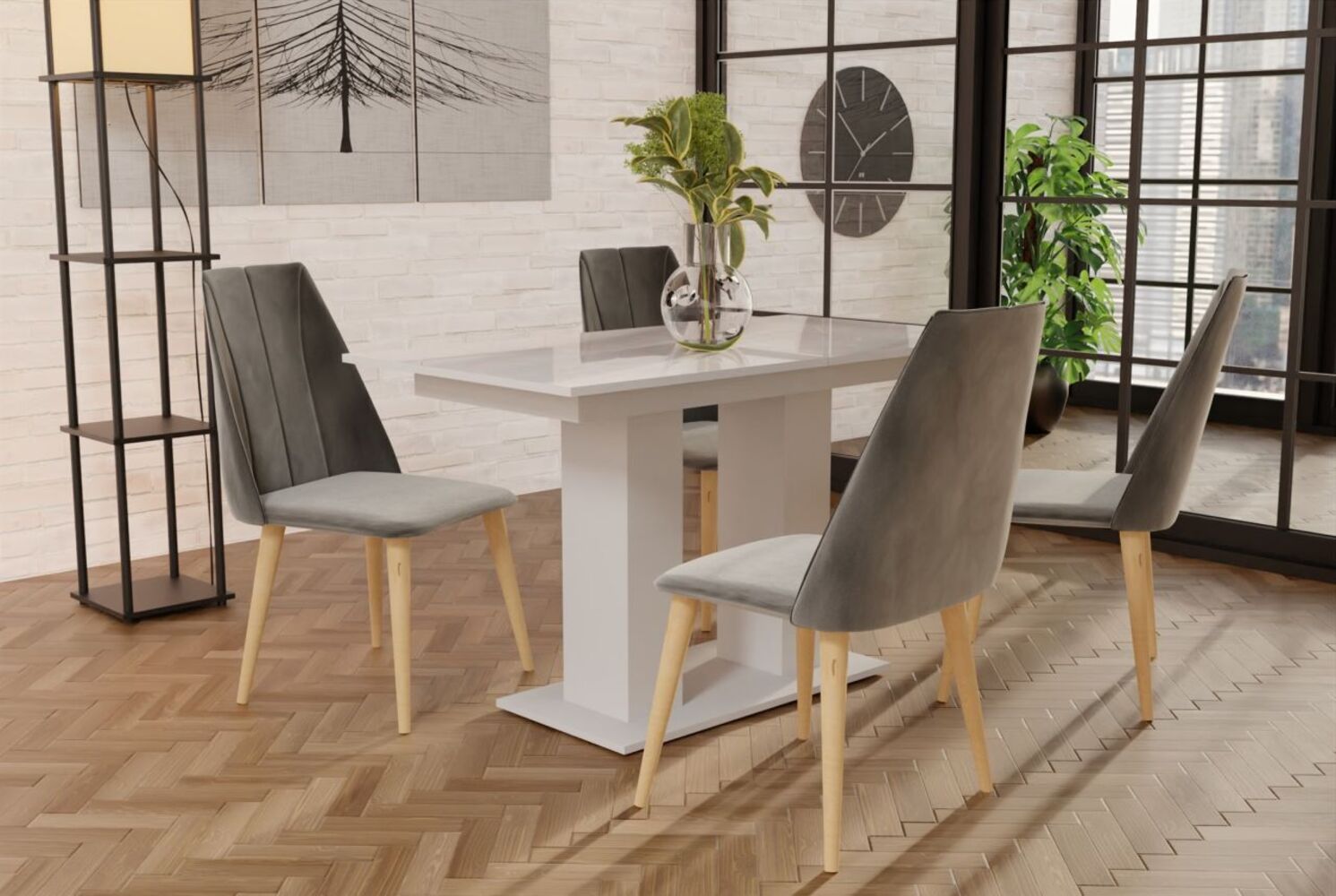 Essgruppe Weiss HGL-Tisch mit 4 Grau CAROS Stühlen für Esszimmer oder Küche Bild 1