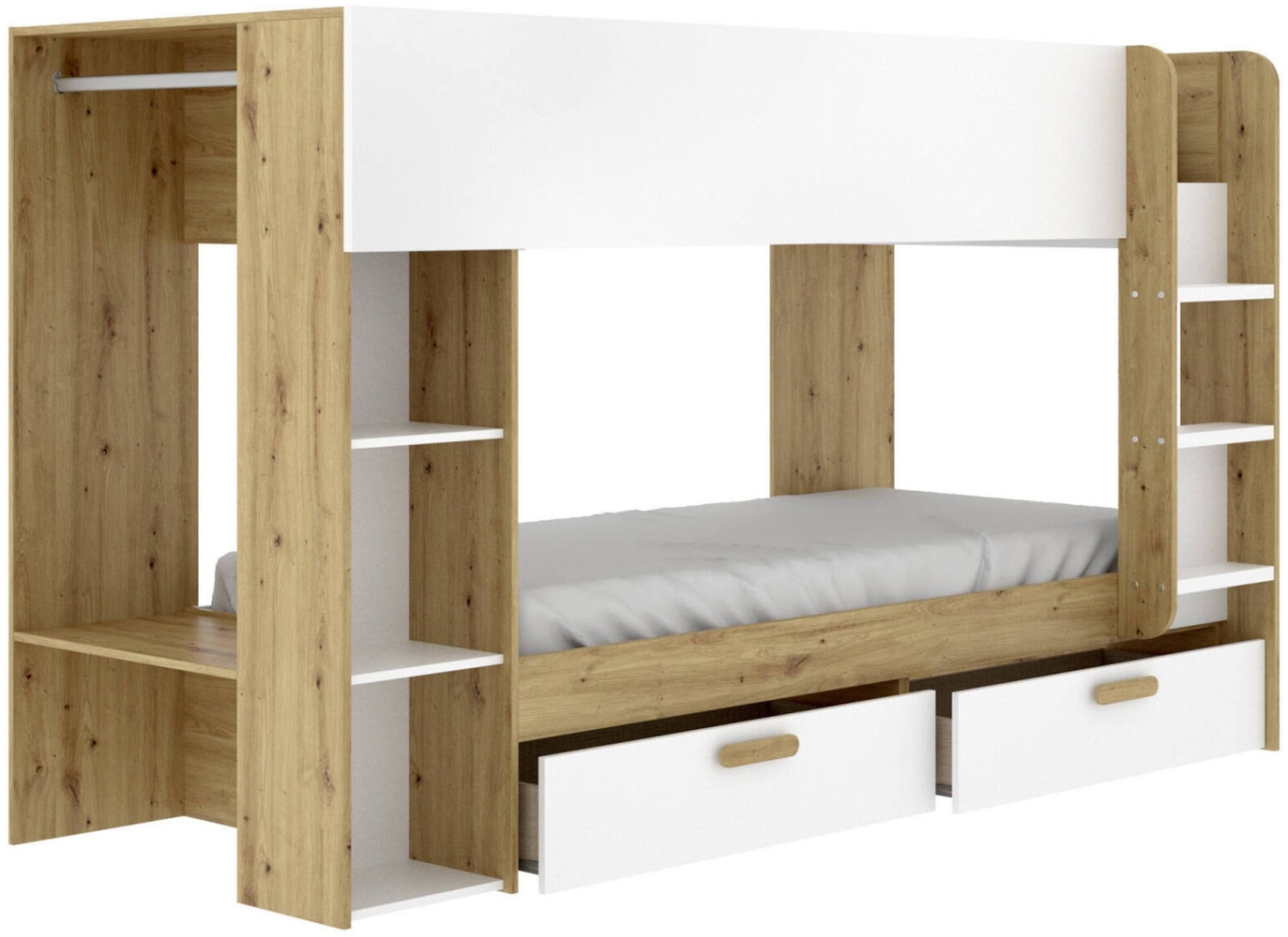 Dmora Schlafzimmer Keli, Komplettes Schlafzimmer, Kinderzimmer, Loft-Bett Kit, 245x110 h150 cm, Weiß und Knoteneiche Bild 1