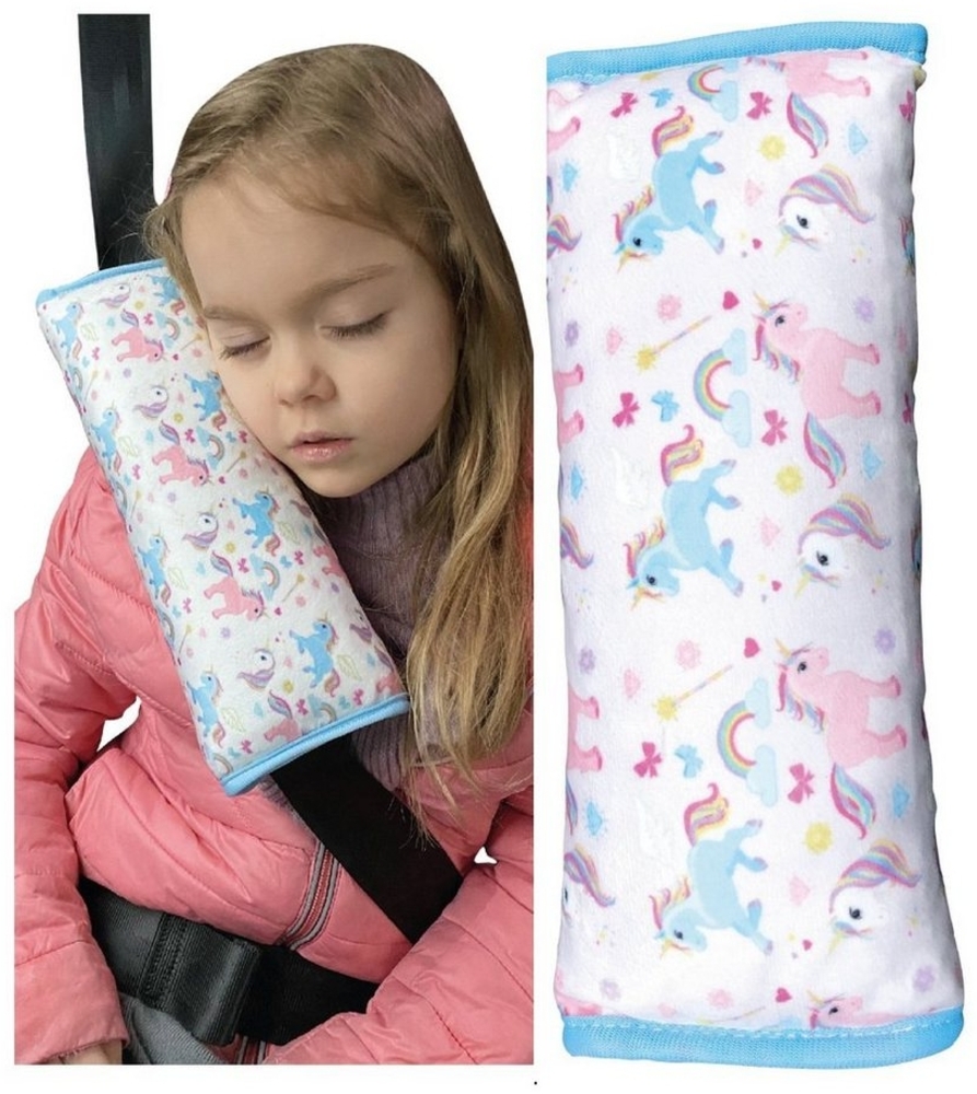 HECKBO Schlafkissen Auto Schlafkissen Einhorn Motiv für Kinder Mädchen Jungen - maschinenwaschbar – kuschelweich - Auto Gurtkissen, Gurtschoner, Gurtschutz Sitzerhöhung, Auto Kissen, Reisekissen, Urlaub Bild 1
