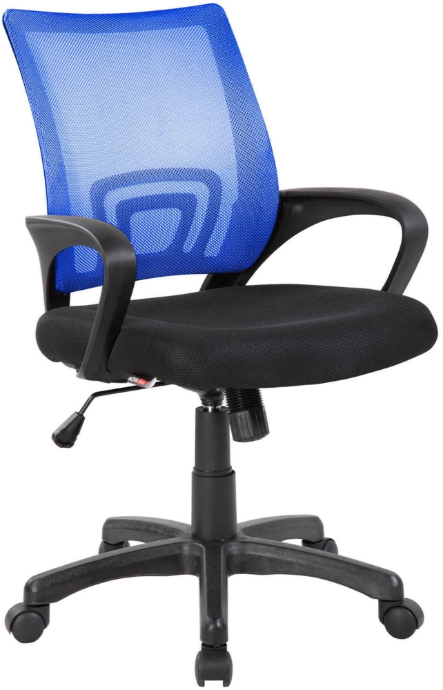 Dmora Stuhl mit Rädern Reticolo, Mesh-Arbeitsstuhl mit Armlehnen, ergonomischer Bürositz, 59x54h90/100 cm, Schwarz und Blau Bild 1