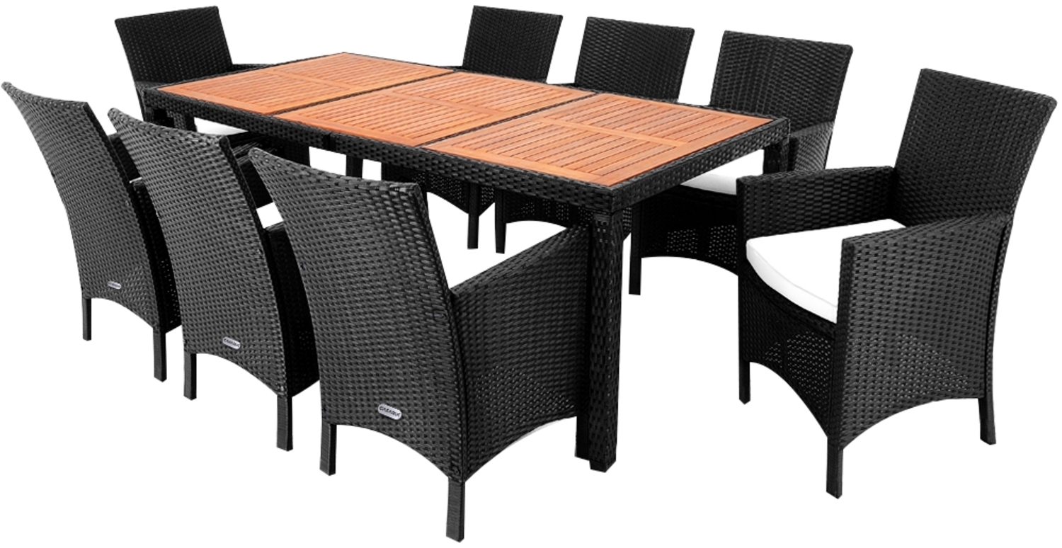 Casaria Poly Rattan Sitzgruppe Palermo 8 Breite Stühle 7cm Auflagen Gartentisch 190x90 cm Akazie Holz Gartenmöbel Set Schwarz Bild 1