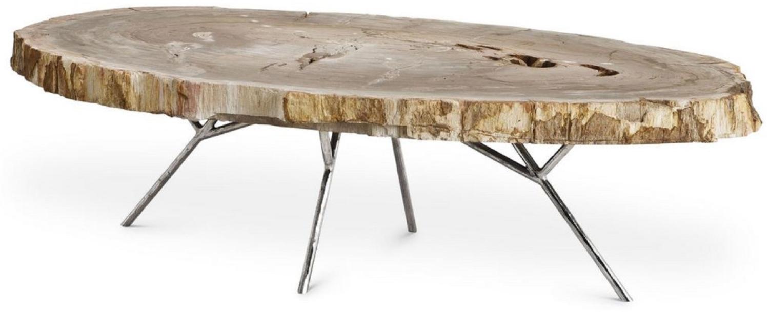 Casa Padrino Luxus Couchtisch Naturfarben / Silber 115 x 68 x H. 35 cm - Edler Wohnzimmertisch mit versteinerter Holz Tischplatte und Edelstahl Beinen - Luxus Wohnzimmer Möbel Bild 1