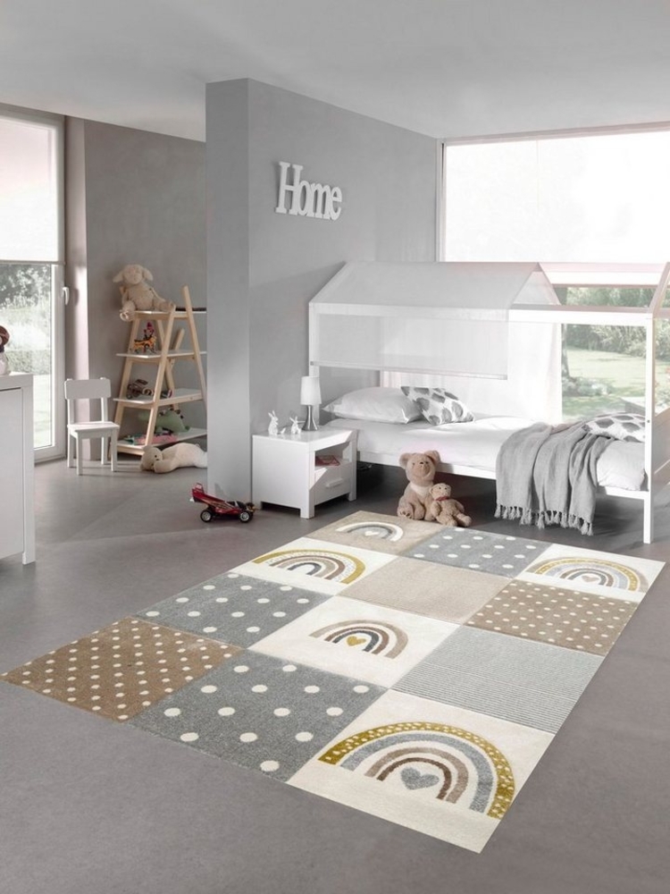 TeppichHome24 Kinderteppich Kinderteppich Regenbogen Karo beige grau creme, rechteckig, Höhe: 13 mm Bild 1