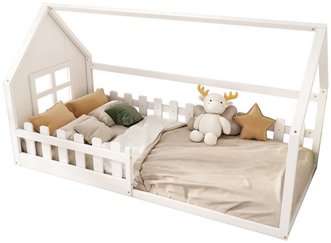 Flieks Massivholzbett, Kinderbett Hausbett Einzelbett 90x200cm mit Lattenrost und Zaun Bild 1