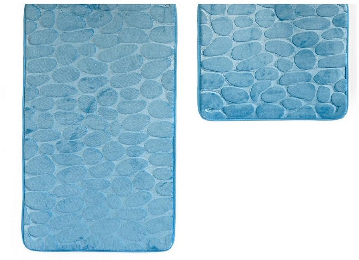 Almina Premium 2 teiliges Bademattenset aus Polyester Rutschfest Waschbar mit Steinmotiv Blau Bild 1