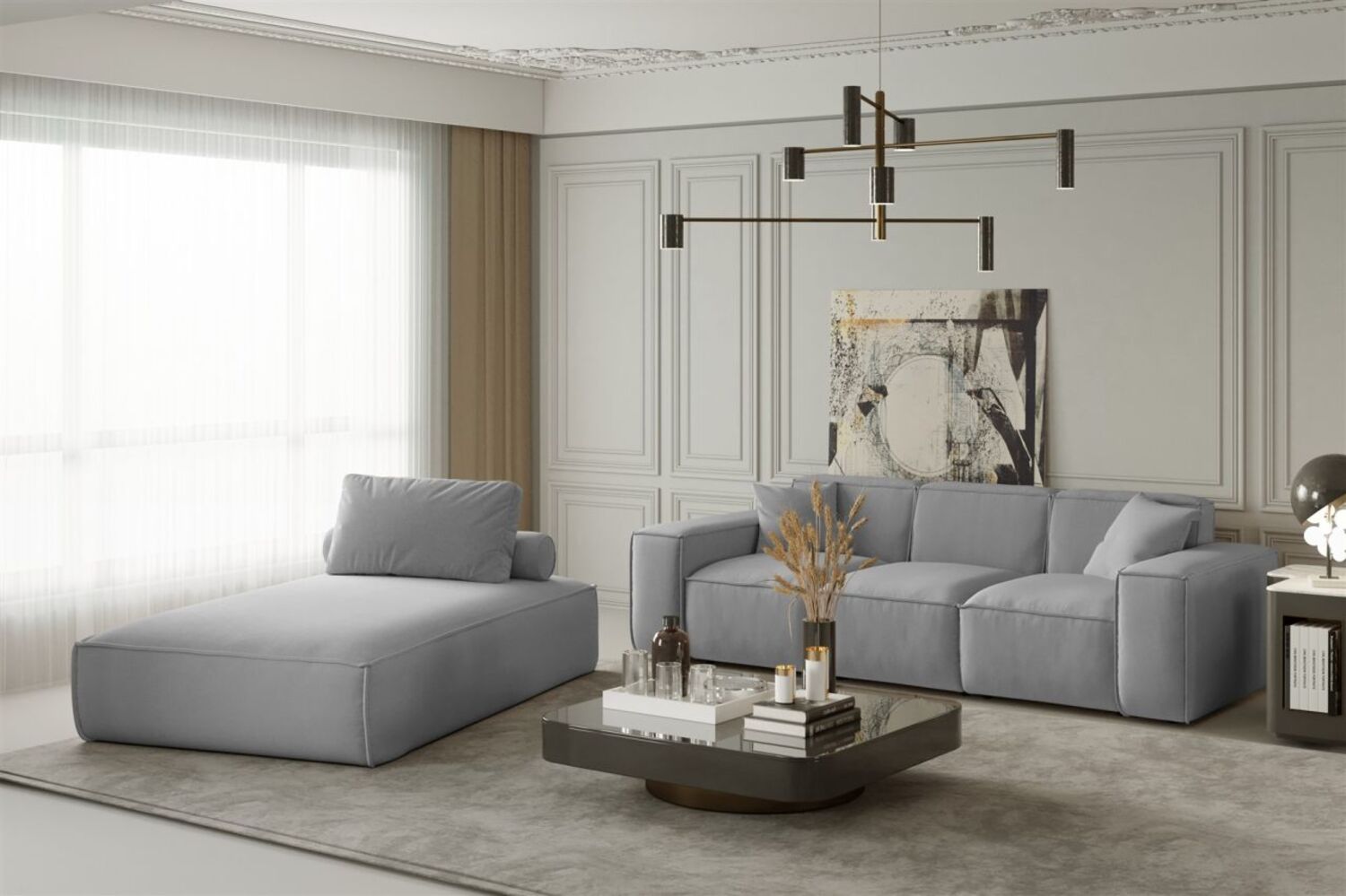 Sofa Set 2-teilig Sezlong und Sofa 3-Sitzer CELES in Stoff Opera Velvet Hellgrau Bild 1