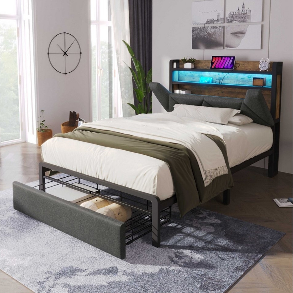BlingBin Polsterbett Einzelbett Stauraumbetten Bettgestell (1-tlg, mit USB Typ C Ladefunktion Stauraum-Kopfteil und LED-Beleuchtung), mit Schubladen und Lattenrost aus Metallrahmen, 90 x 200 Bild 1