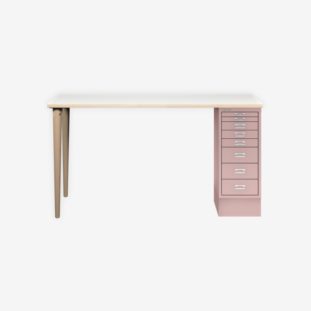 MultiDesk, 2 Eichenfüße, 1 MultiDrawer mit 8 Schüben, Dekor Plywood, Farbe Pastellpink, Maße: H 740 x B 1400 x T 600 mm Bild 1