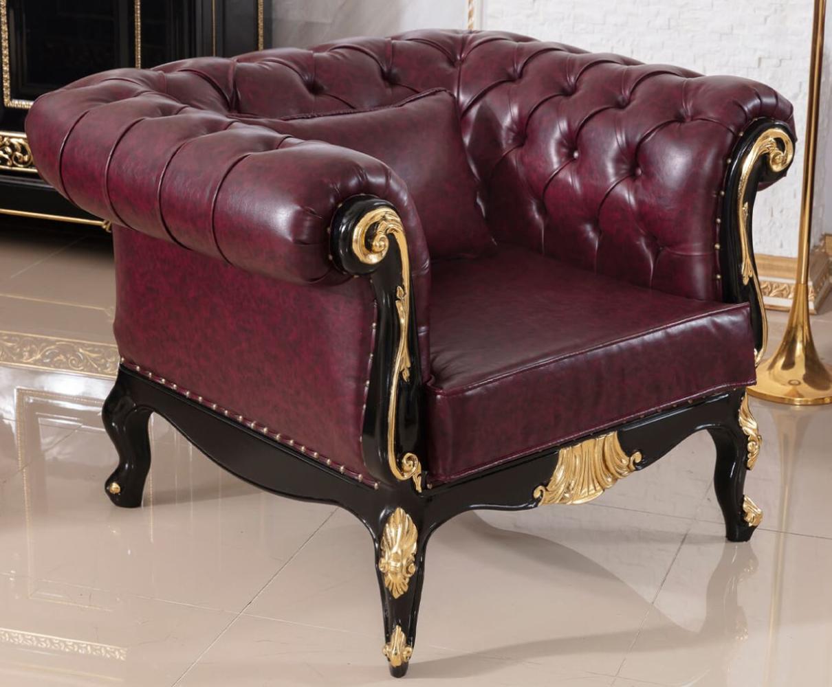 Casa Padrino Luxus Barock Chesterfield Sessel Bordeauxrot / Schwarz / Gold - Prunkvoller Wohnzimmer Sessel mit edlem Kunstleder - Barock Chesterfield Wohnzimmer Möbel Bild 1