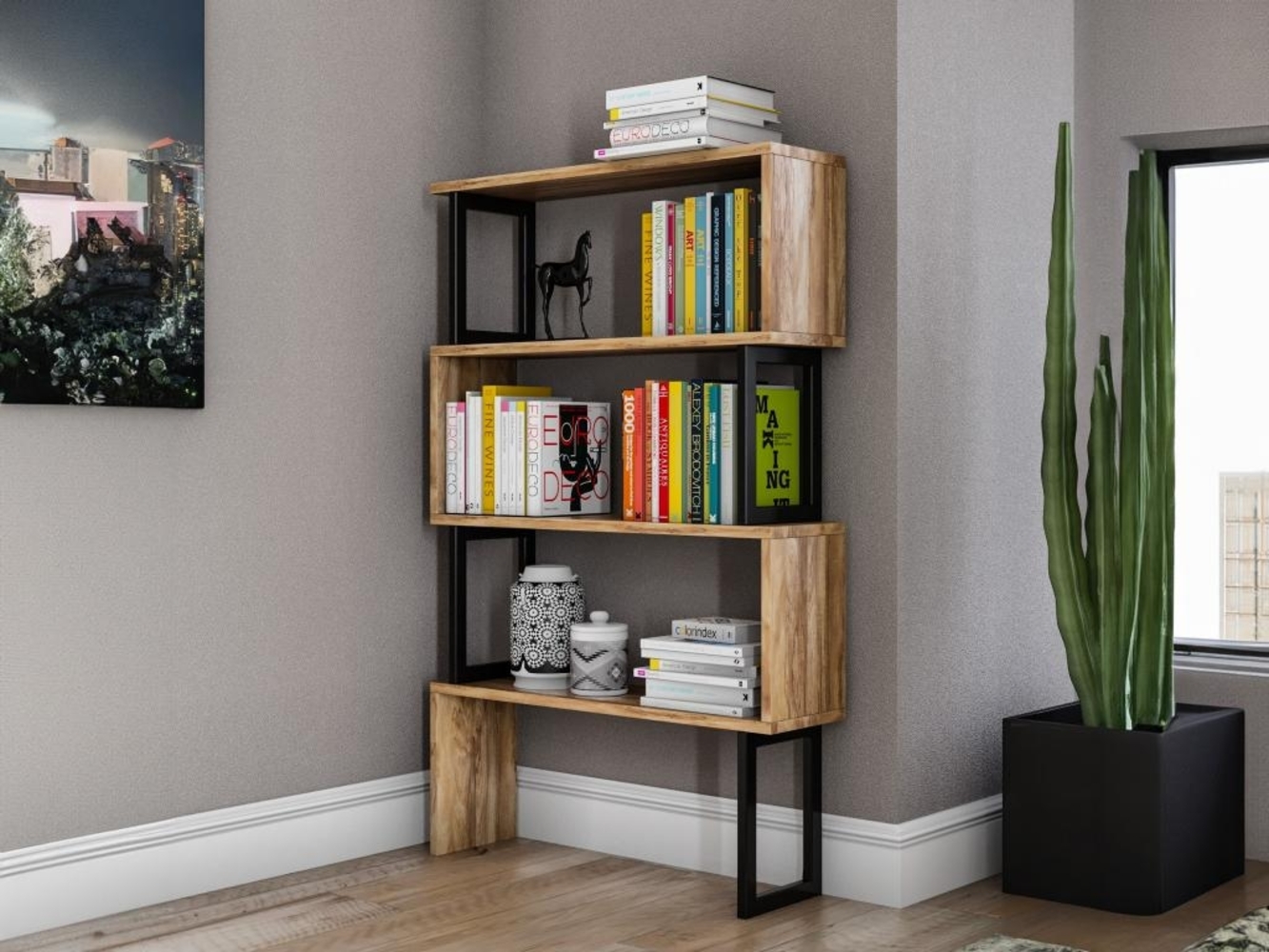 Vente-unique - Bücherregal mit 3 Regalen - Metall - Holzfarben hell & Schwarz - ROVENI Bild 1