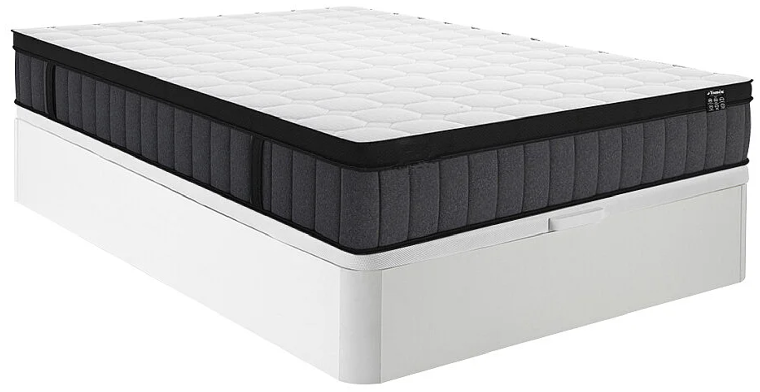 Vente-unique - Set aus Bettgestell mit Bettkasten + Matratze - 140 x 190 cm - Hybridmatratze - 7-Zonen-Taschenfederkern & Memory Gel - Stärke 25 cm - Weiß - TOLCA von YSMÉE Bild 1