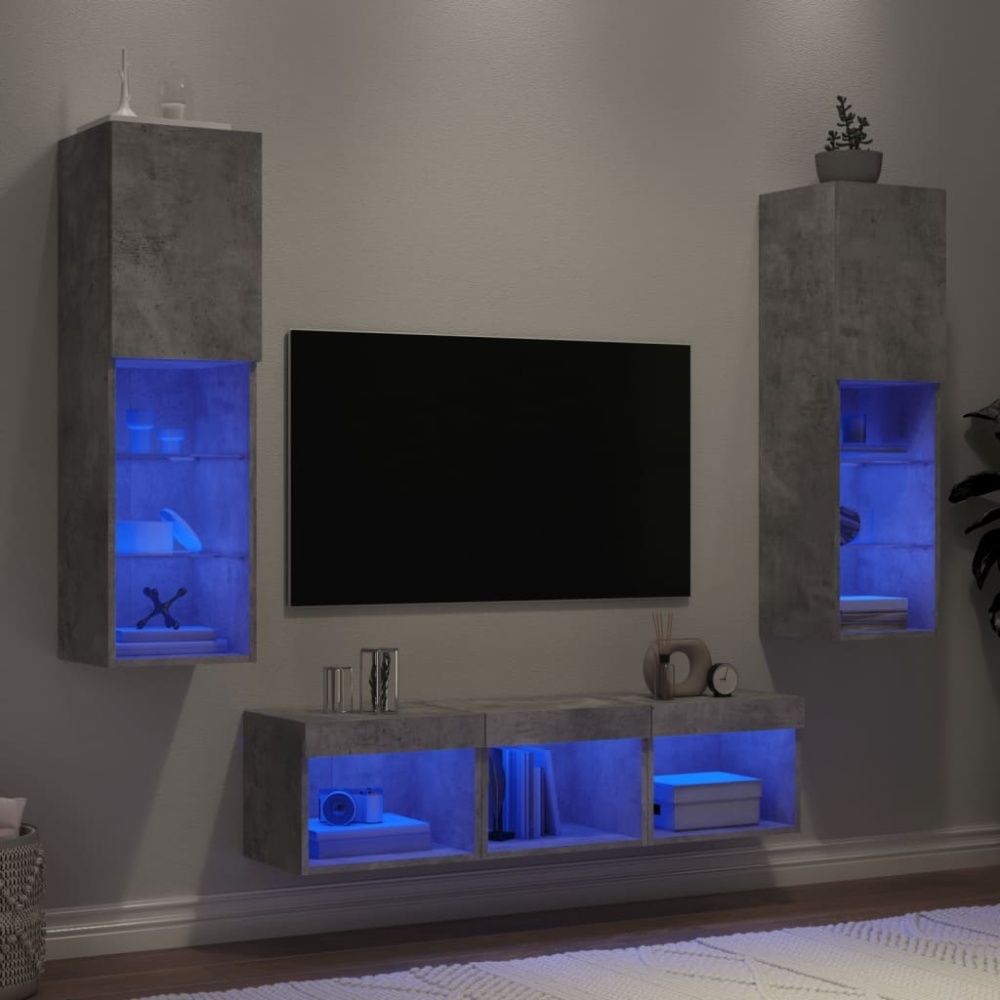 vidaXL 5-tlg. Wohnwand mit LED-Beleuchtung Betongrau Holzwerkstoff 3216607 Bild 1