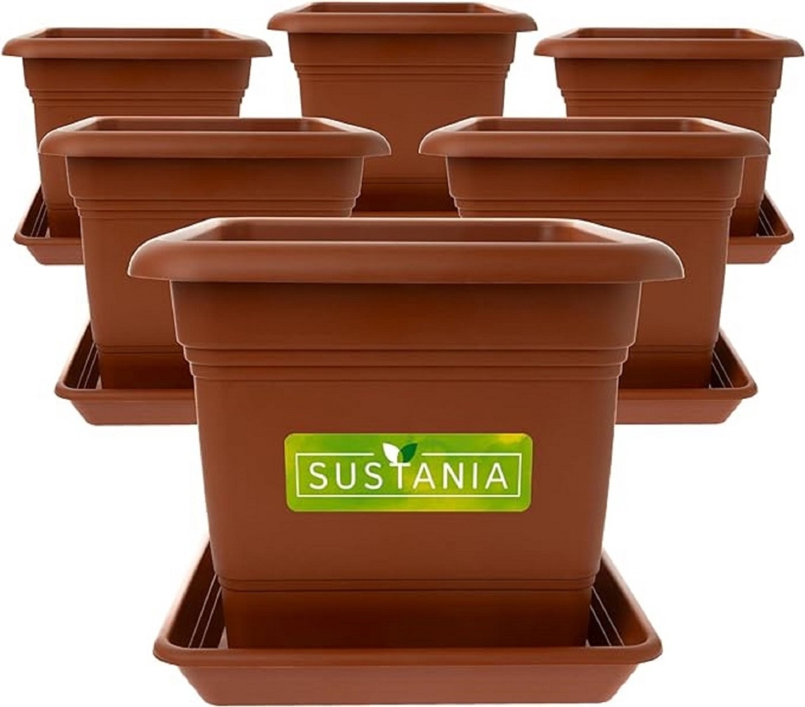 SUSTANIA Blumentopf Pflanzkübel mit Untersetzern (4er Set 28x28x22 cm), Terracotta Pflanztopf eckig Bild 1