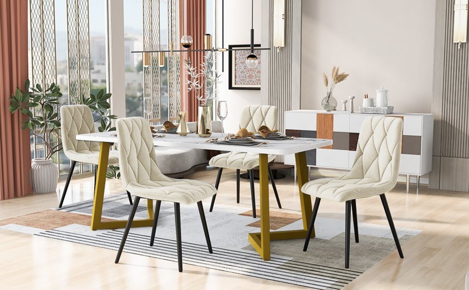 OKWISH Essgruppe Polsterstühle Küchetisch Marmoroptik, (5-tlg), Esstisch und 4 Esszimmerstuhl Set Bild 1
