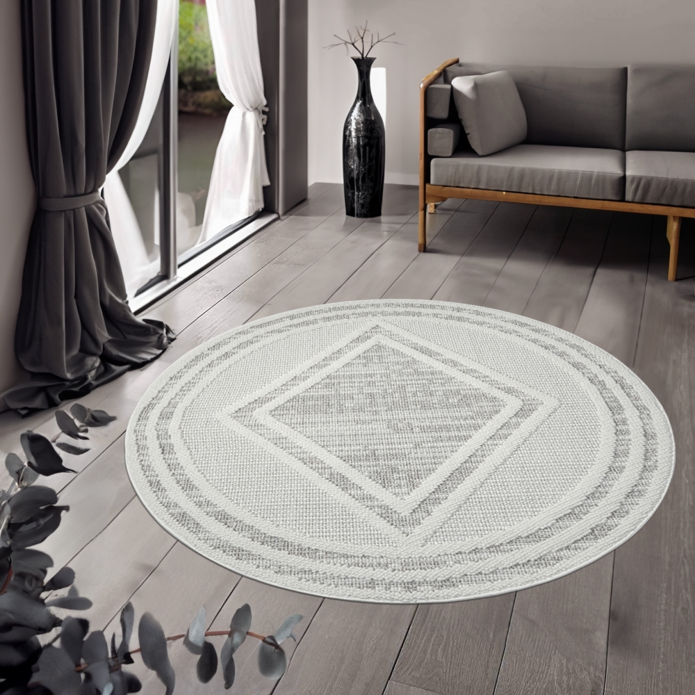 Teppich Rund - 200x200 cm - Beige - Boho Style - Modern Raute Optik - Flachflor Wohnteppich Schlafzimmer Deko Bild 1