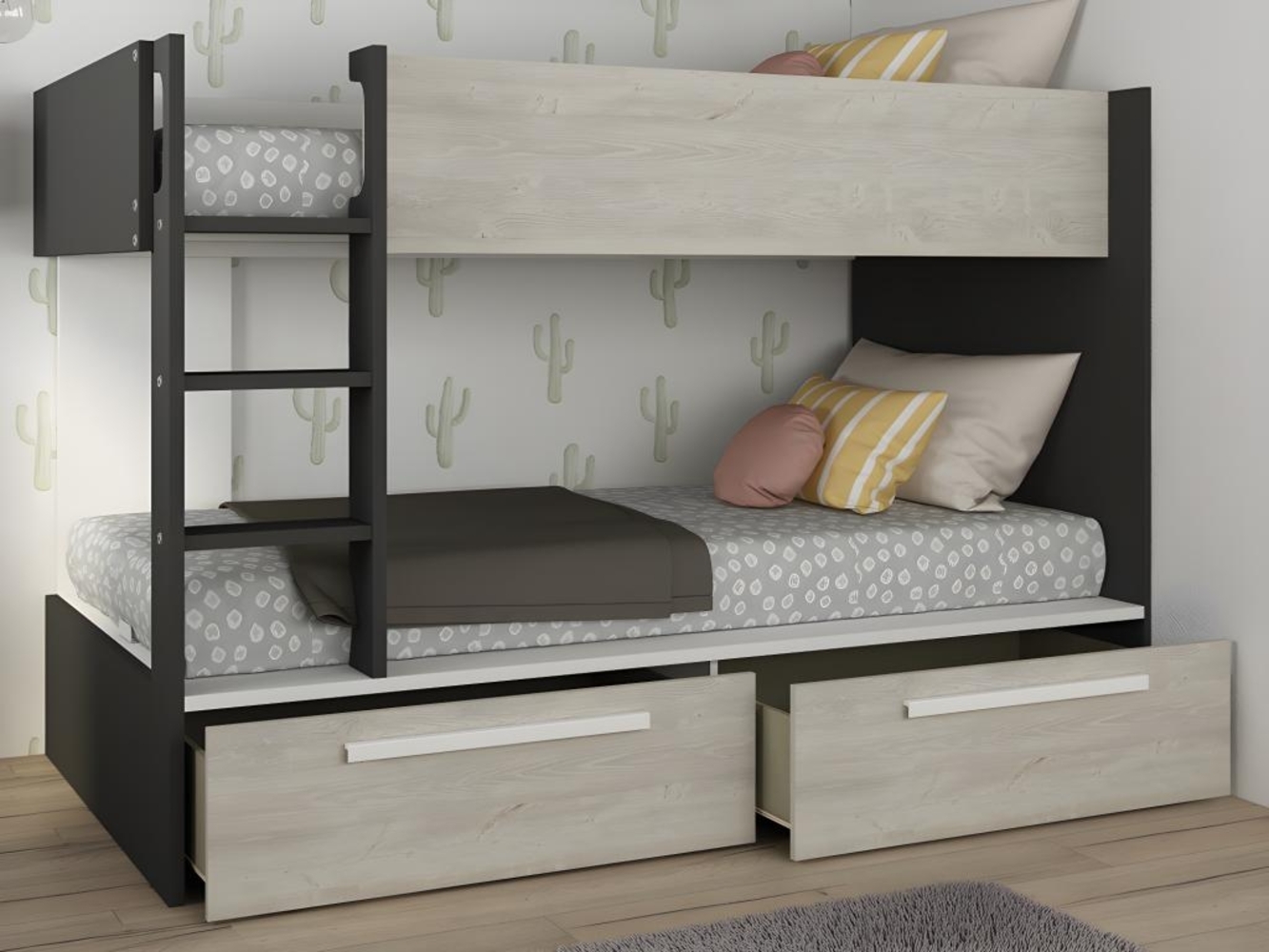 Vente-unique - Etagenbett mit 2 Schubladen - 2x 90 x 200 cm - Anthrazit, Naturfarben & Weiß - TINOLI Bild 1