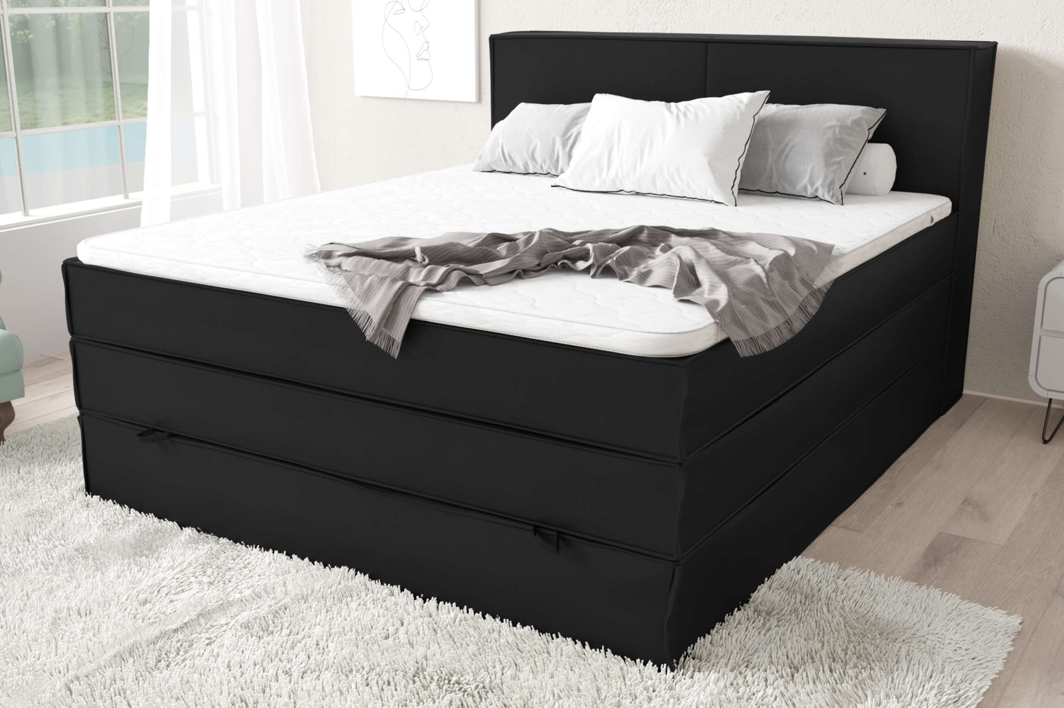 99rooms Santiago Boxspringbett Schwarz Kunstleder MADRYT 140x200 cm Bonell-Federung Bild 1