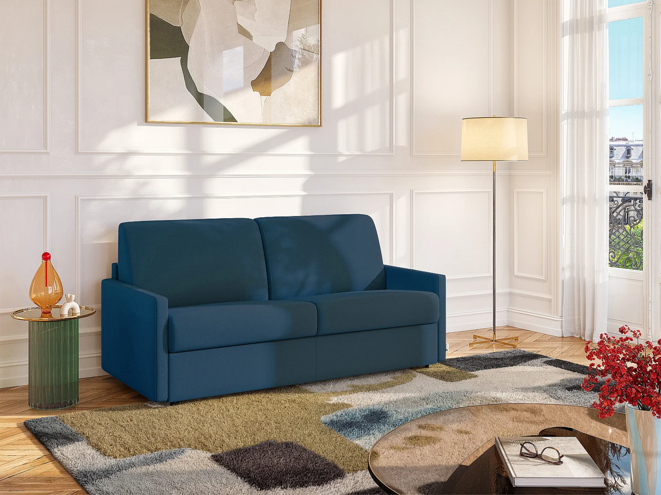 Vente-unique - Schlafsofa 4-Sitzer - Liegefläche mit Lattenrost mit breiten Latten: 160 cm - Matratze: 14 cm - Stoff - Dunkelblau - CALIFE Bild 1