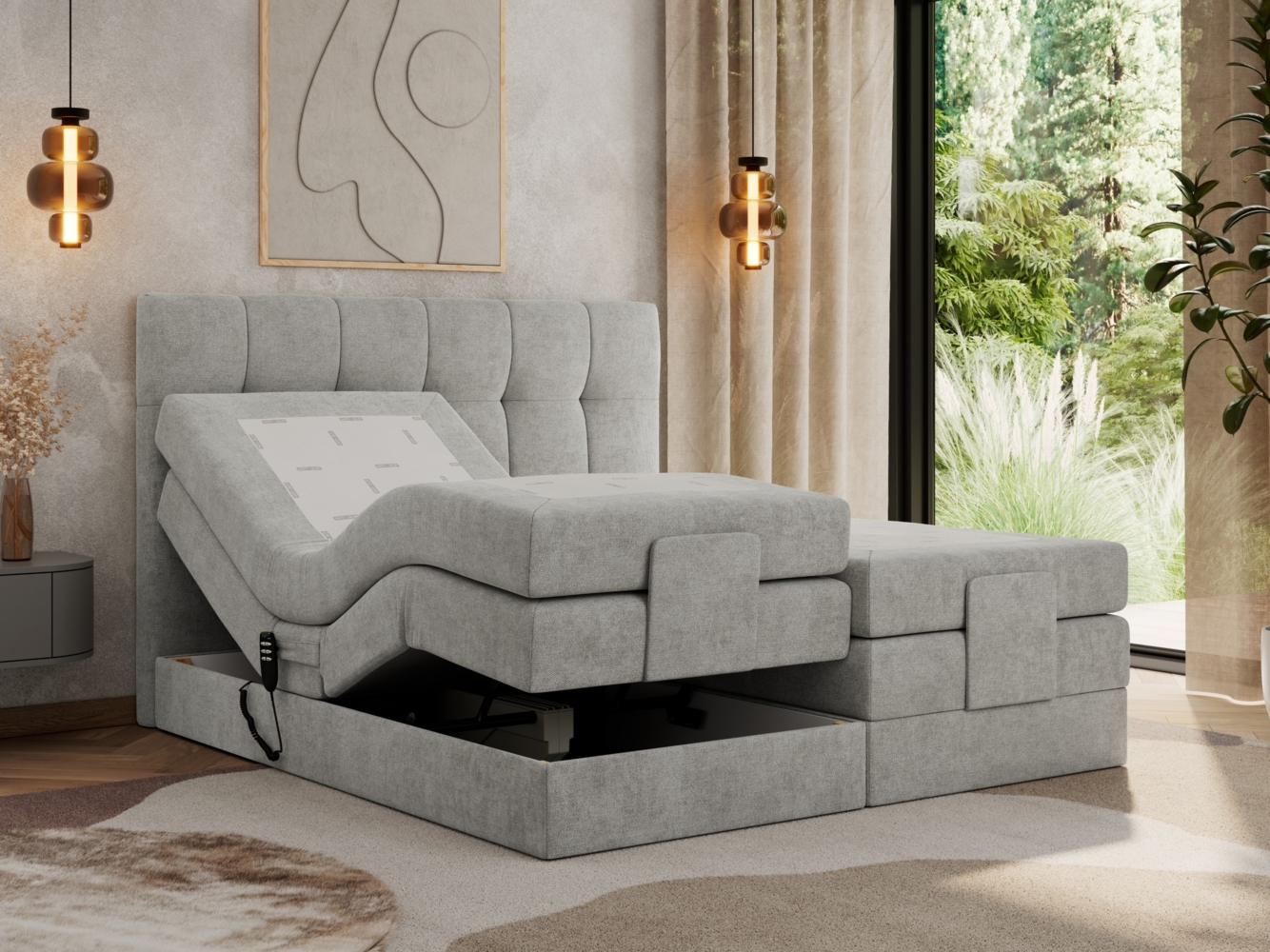 Elektrisches Bett, Boxspringbett mit Multipocket-Matratzen und Elektrisch verstellbare - VITTORIA - 140 x 200 cm - Hellgrau Stoff - H4 Bild 1