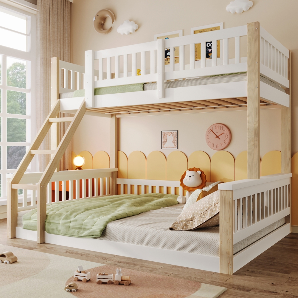 Hochbett 90x200 Hausbett mit Stauraumleiter & Schließfächern, Kinderbett Massivholz Weiß Natur Bild 1