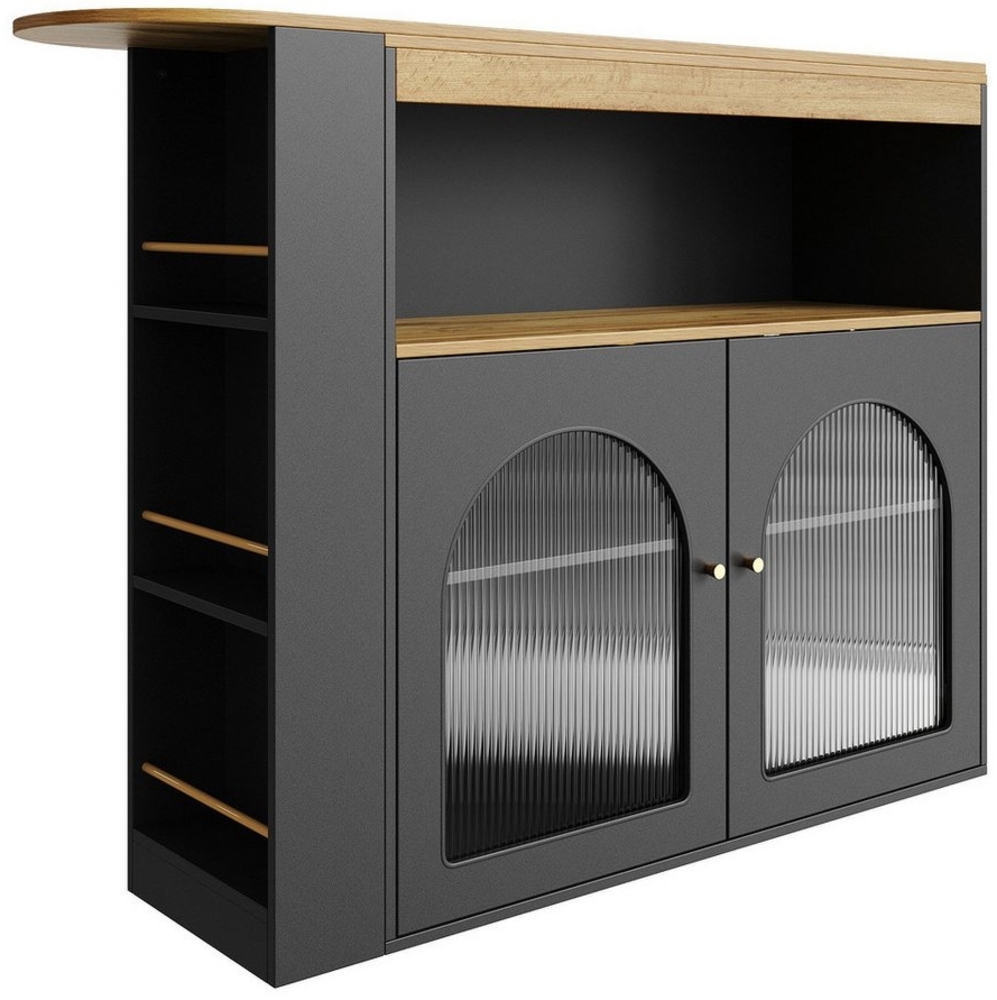 KLAM HOME Bartisch ausziehbar Stehtisch Bistrotisch drehbar Sideboard (mit LED-Lichtleisten, 360° Drehung), Esstisch mit Stauraum Anrichte 138-193X39X105CM Bild 1