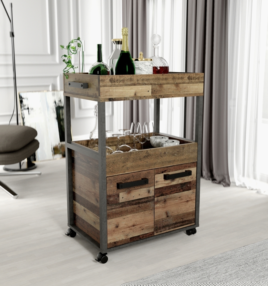 Servierwagen >Home Bar< auf Rollen, in Old-Wood Vintage Dekor / Betonoptik - 60x88,5x40cm (B/H/T) Bild 1