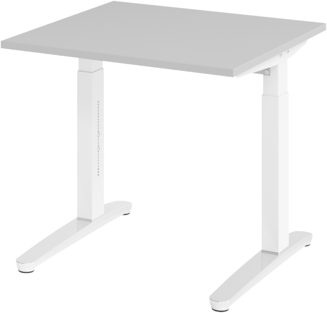 bümö manuell höhenverstellbarer Schreibtisch 80x80 in grau, Gestell in weiß/alu - PC Tisch höhenverstellbar & klein, höhenverstellbarer Tisch Büro, kleiner Computertisch verstellbar, X08-5-WC Bild 1