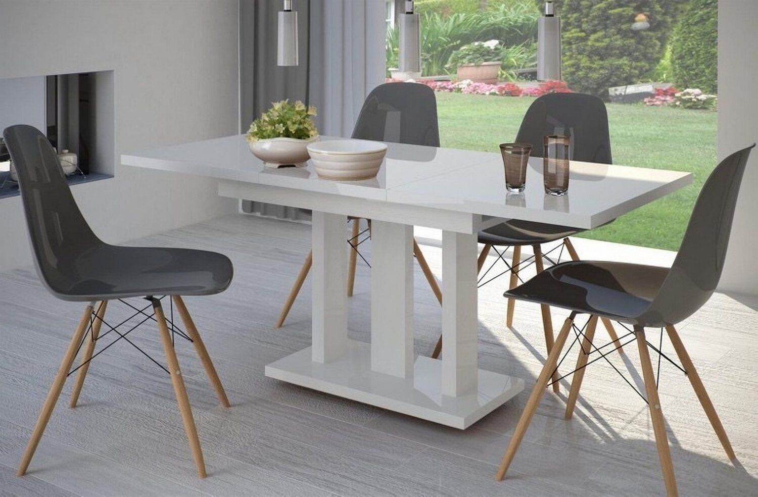 Esstisch "Appia White" 130-210cm ausziehbar, erweiterbar, weiße Tischbeine, Säulentisch, für bis zu 8 Personen (Weiß Hochglanz) Bild 1